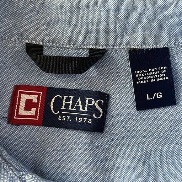 Chaps Blue Button Down Shirt Mens LARGE Long Sleeve Emblem Pocket Casual Work - Picture 6 of 7